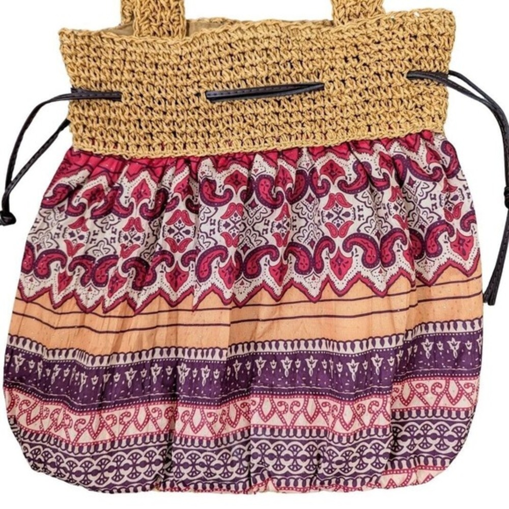 Boho Tote Shoulder Cinch Bag‎ Drawstring Closure Woven Straw Geometric Pattern - Picture 3 of 14